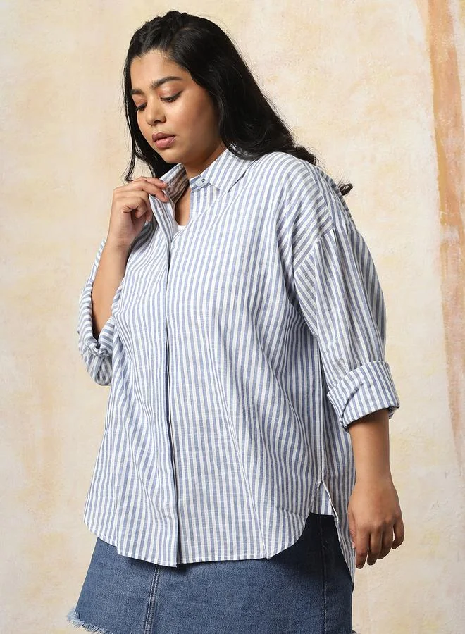 HIGH STAR Women Oversized Fit Opaque Casual Cotton Striped Shirt