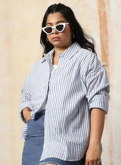 HIGH STAR Women Oversized Fit Opaque Casual Cotton Striped Shirt