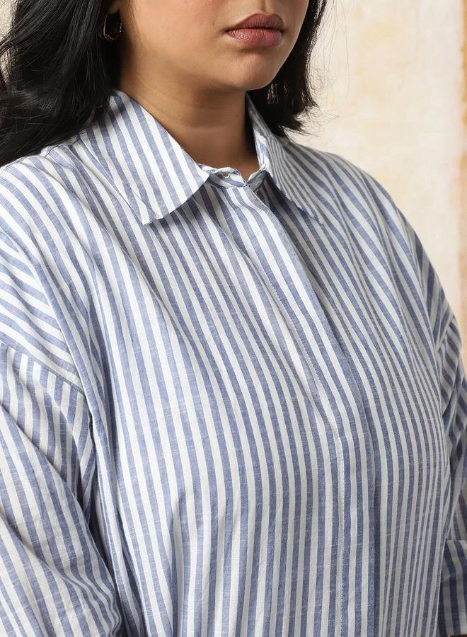 HIGH STAR Women Oversized Fit Opaque Casual Cotton Striped Shirt