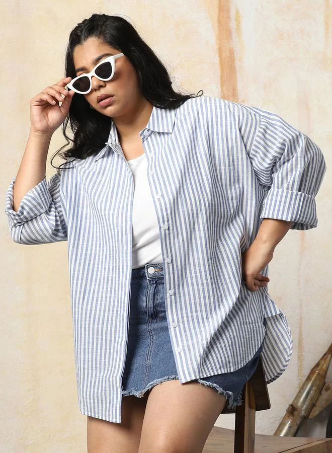HIGH STAR Women Oversized Fit Opaque Casual Cotton Striped Shirt