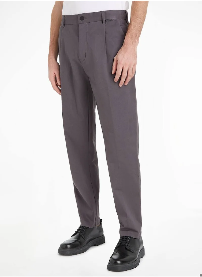 CALVIN KLEIN Men's Tapered Twill Pleated Trousers - Cotton, Grey