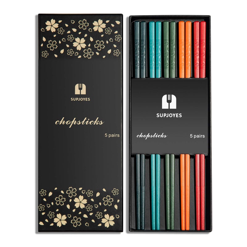SUPJOYES 5 Pairs Fiberglass Chopsticks  Multicolor Reusable Chopsticks Dishwasher Safe Japanese Chinese Chop Sticks with Cherry Blossom Pattern 9 12 Inches