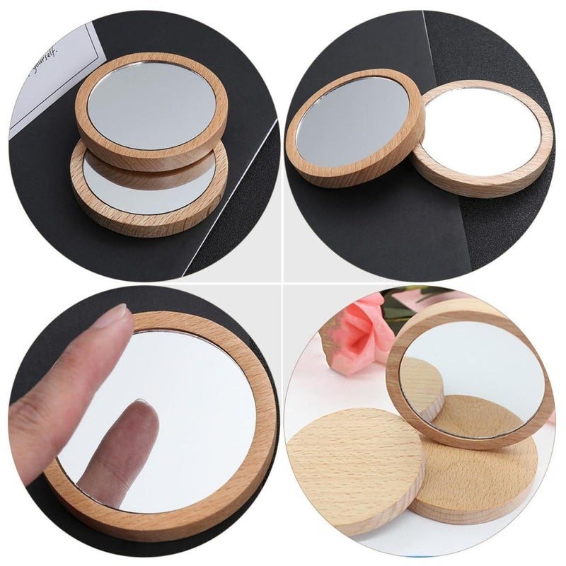 4 Pcs Small Round Beech Wood Makeup Mirrors Portable Travel Set - Image 4