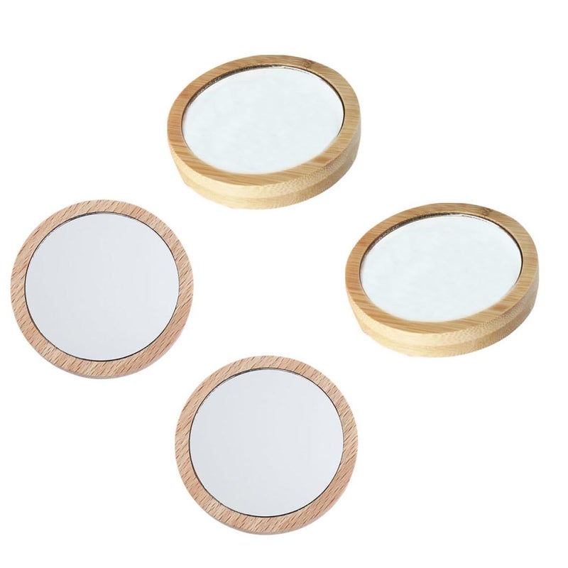 4 Pcs Small Round Beech Wood Makeup Mirrors Portable Travel Set - Image 2