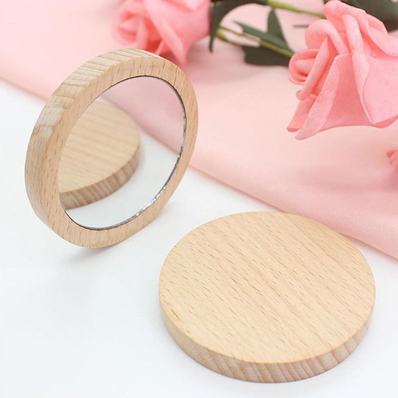 4 Pcs Small Round Beech Wood Makeup Mirrors Portable Travel Set - Image 5