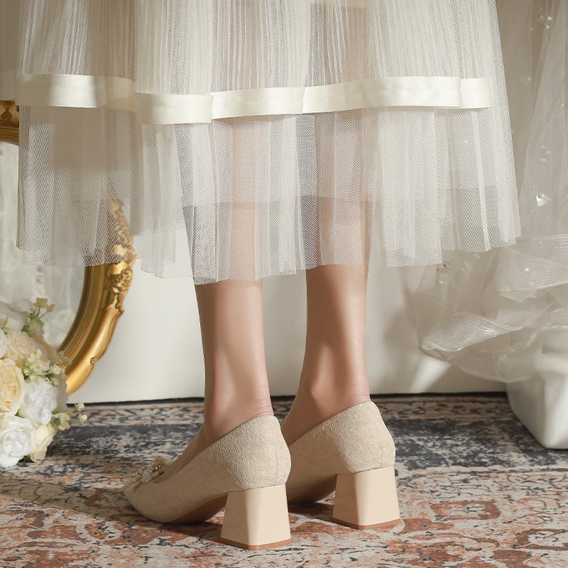 F527-18 New Beaded Square Heel Shoes Wedding Shoes Wedding Dress Ins Shallow Mouth Bridal Shoes Wedding Large Size 32-43 - Image 4