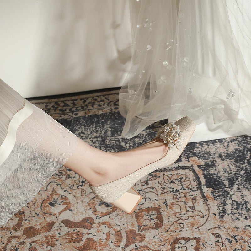 F527-18 New Beaded Square Heel Shoes Wedding Shoes Wedding Dress Ins Shallow Mouth Bridal Shoes Wedding Large Size 32-43 - Image 5