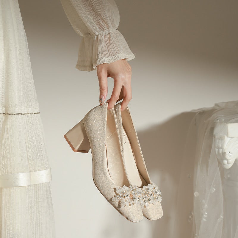 F527-18 New Beaded Square Heel Shoes Wedding Shoes Wedding Dress Ins Shallow Mouth Bridal Shoes Wedding Large Size 32-43 - Image 2