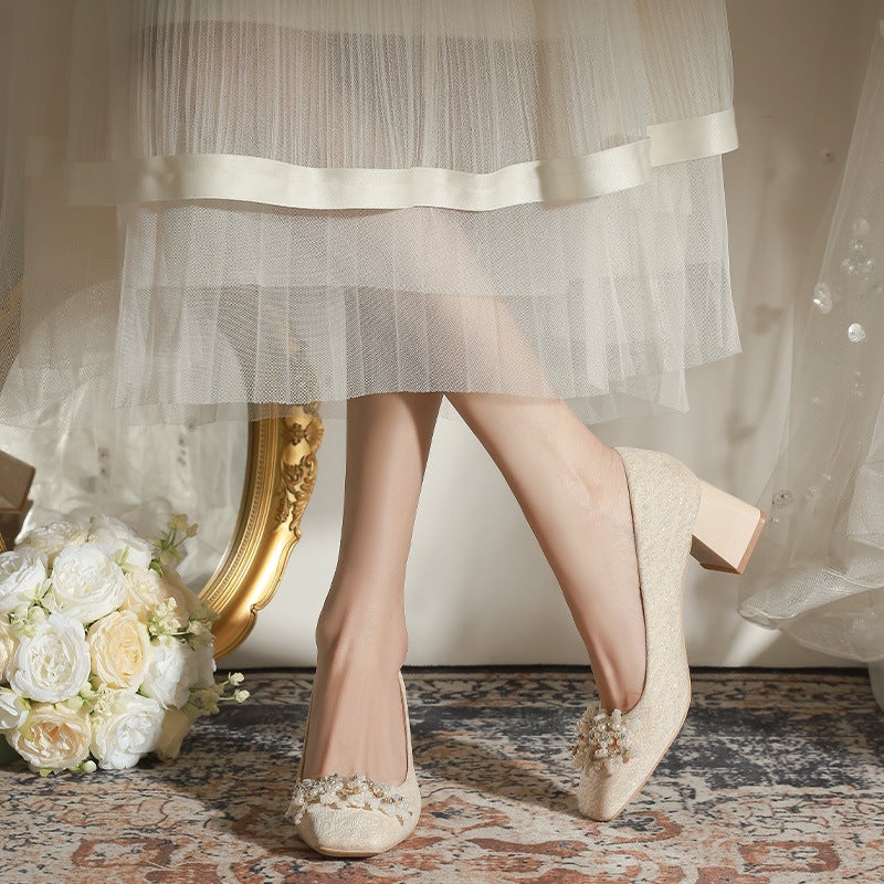 F527-18 New Beaded Square Heel Shoes Wedding Shoes Wedding Dress Ins Shallow Mouth Bridal Shoes Wedding Large Size 32-43 - Image 3