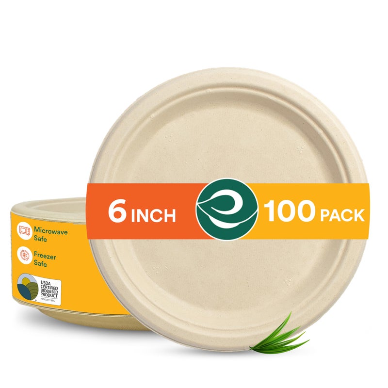 Eco Soul 100% Compostable 6 Inch Small Paper Plates (100-Pack) Disposable Party Heavy Duty  Eco-Friendly  Appetizer  Dessert  Wedding Plates I Biodegradable Unbleached Sugarcane Eco Plates - Image 1