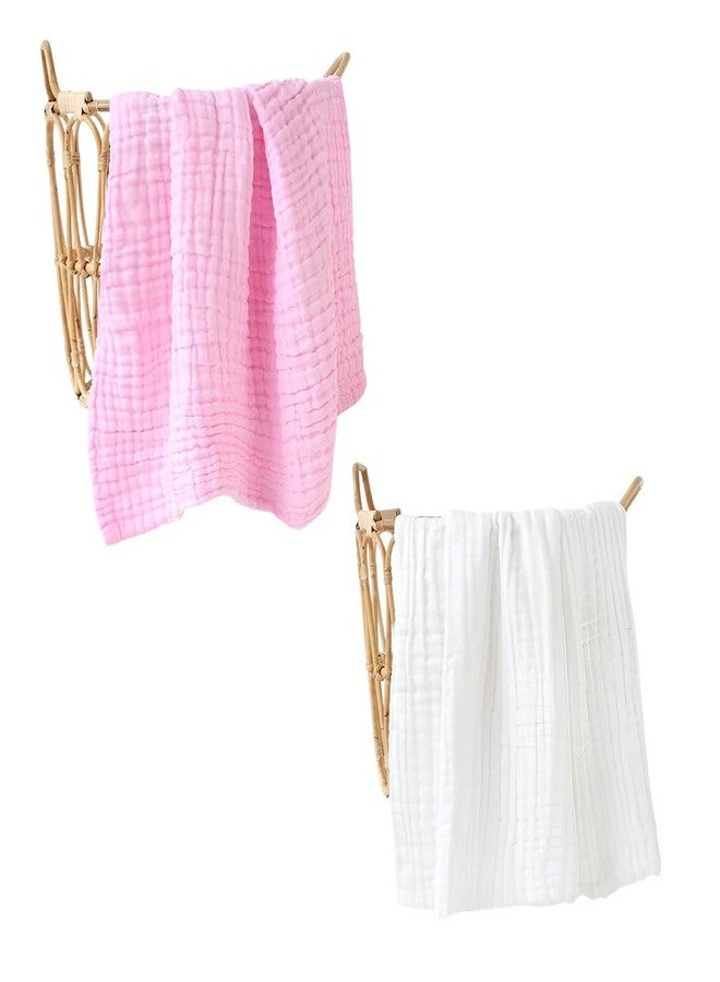 JUST GOODS Organic 100% Cotton Muslin Baby Bath Towel - Super Absorbent, Extra Soft, Eco-Friendly, Multi-Use for Newborns, Infants, Kids Boys & Girls | Combo Pack of 2, Pink + White Towel - Image 1