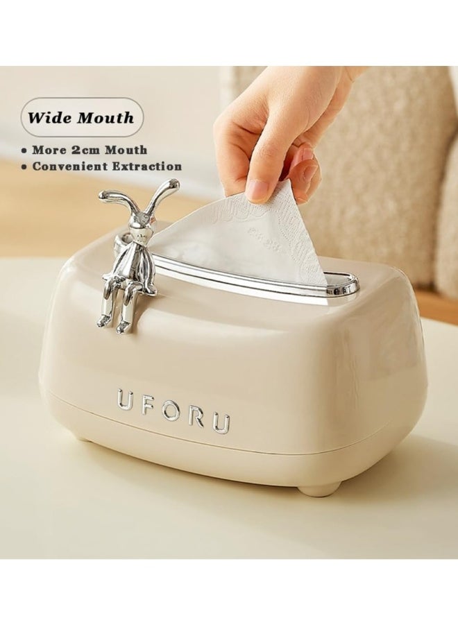 Minimalists Tissue Box Cover Square Napkin Organizer With Rabbit Spring Loaded Decorative Tissue Box Holder Tabletop Multi Functional Tissue Holder Dispenser Kitchen Organization Accessory Paper Towel