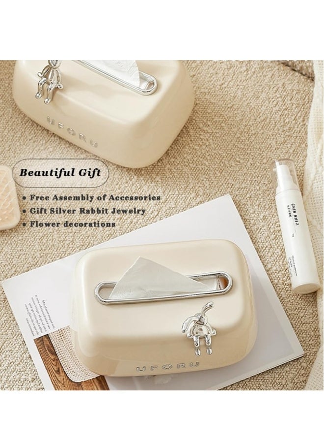 Minimalists Tissue Box Cover Square Napkin Organizer With Rabbit Spring Loaded Decorative Tissue Box Holder Tabletop Multi Functional Tissue Holder Dispenser Kitchen Organization Accessory Paper Towel