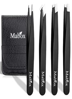 Mabox Professional Tweezer Set With Case - 4 Pieces Slanted And Pointed Stainless Steel Tweezer Set, Precision Slant Tweezers For Eyebrows, Facial Hair, Ingrown Hair, Splinter And Blackhead (Black)  - Image 1
