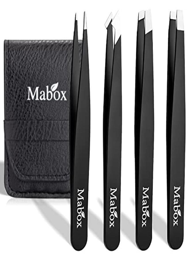 Mabox Professional Tweezer Set With Case - 4 Pieces Slanted And Pointed Stainless Steel Tweezer Set, Precision Slant Tweezers For Eyebrows, Facial Hair, Ingrown Hair, Splinter And Blackhead (Black)  - Image 1