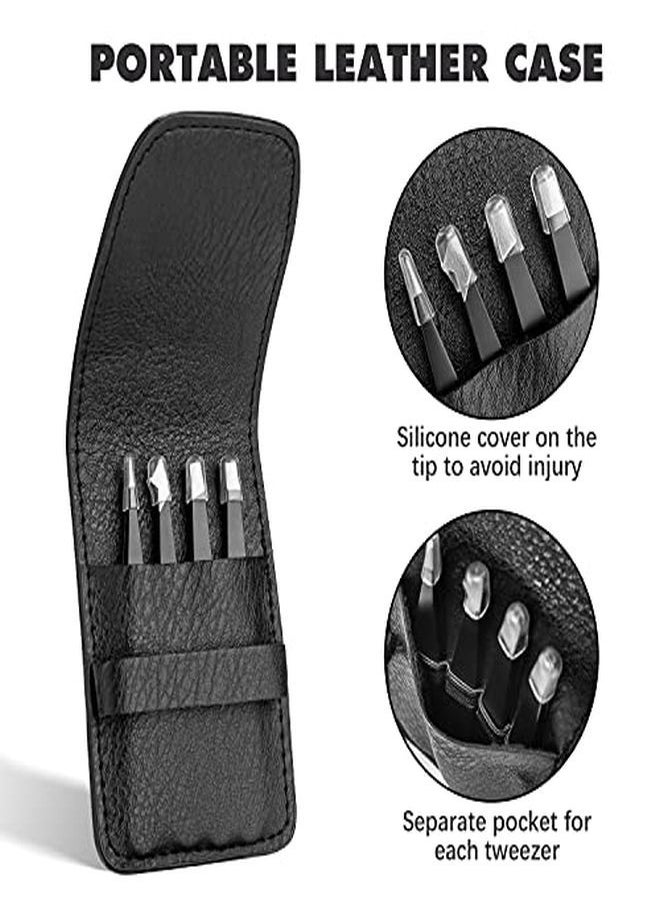Mabox Professional Tweezer Set With Case - 4 Pieces Slanted And Pointed Stainless Steel Tweezer Set, Precision Slant Tweezers For Eyebrows, Facial Hair, Ingrown Hair, Splinter And Blackhead (Black)  - Image 2