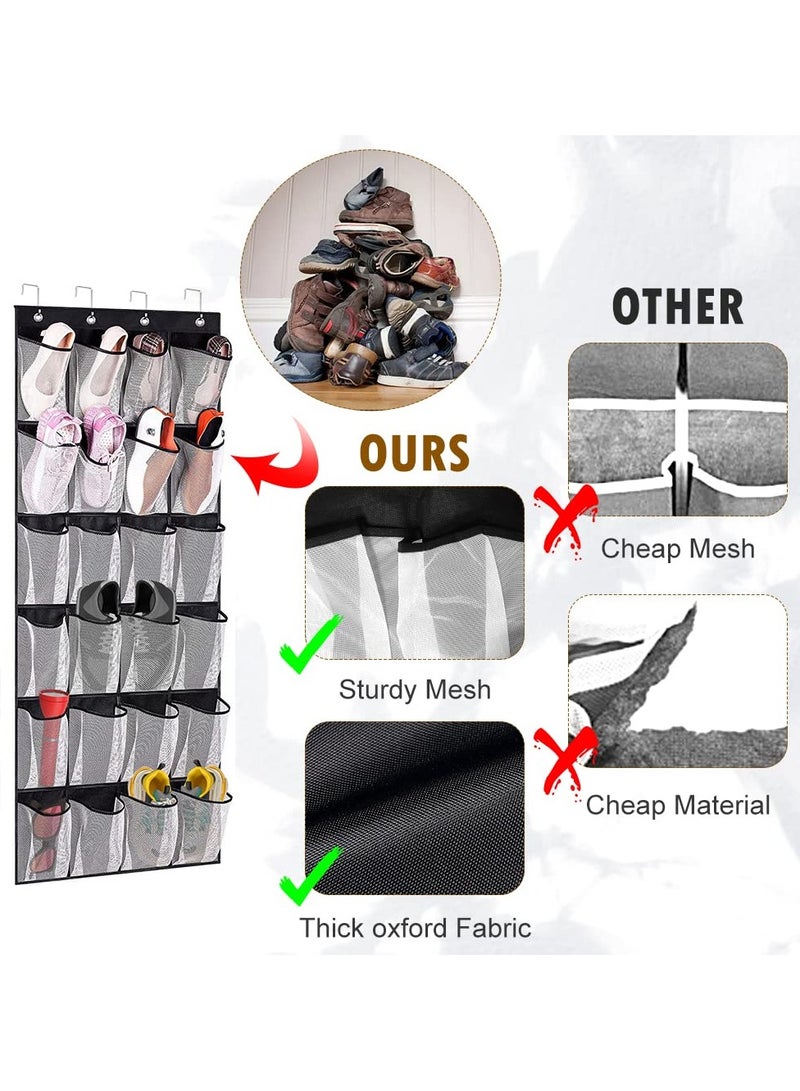 سيوسي وحدة تخزين للأحذية فوق الباب مع 24 جيبًا شبكيًا كبيرًا للأحذية والإكسسوارات، تتضمن 4 خطافات معدنية شديدة التحمل، تصميم ذو وجهين لسهولة التعليق، أبيض وأسود - Image 4