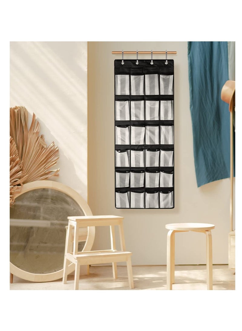 سيوسي وحدة تخزين للأحذية فوق الباب مع 24 جيبًا شبكيًا كبيرًا للأحذية والإكسسوارات، تتضمن 4 خطافات معدنية شديدة التحمل، تصميم ذو وجهين لسهولة التعليق، أبيض وأسود - Image 2