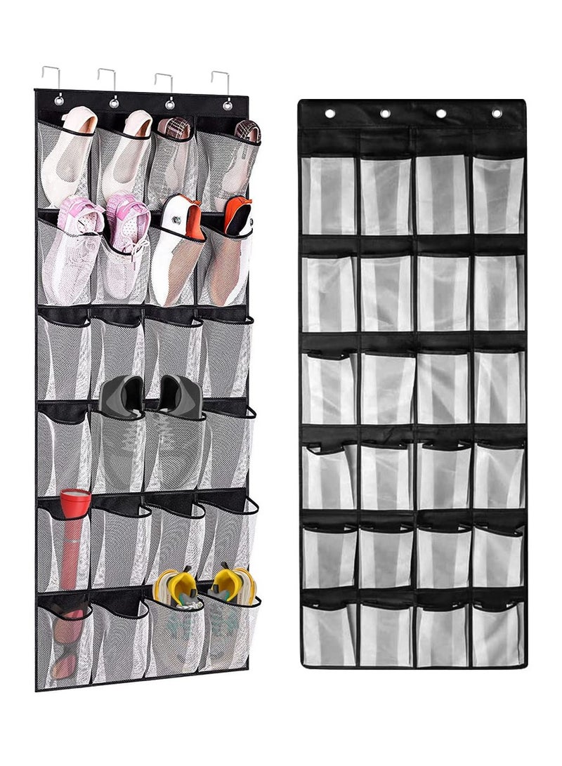 سيوسي وحدة تخزين للأحذية فوق الباب مع 24 جيبًا شبكيًا كبيرًا للأحذية والإكسسوارات، تتضمن 4 خطافات معدنية شديدة التحمل، تصميم ذو وجهين لسهولة التعليق، أبيض وأسود - Image 1