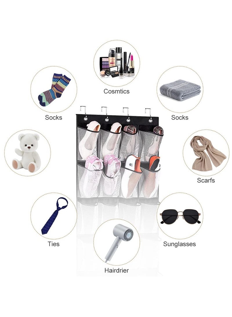 سيوسي وحدة تخزين للأحذية فوق الباب مع 24 جيبًا شبكيًا كبيرًا للأحذية والإكسسوارات، تتضمن 4 خطافات معدنية شديدة التحمل، تصميم ذو وجهين لسهولة التعليق، أبيض وأسود - Image 5