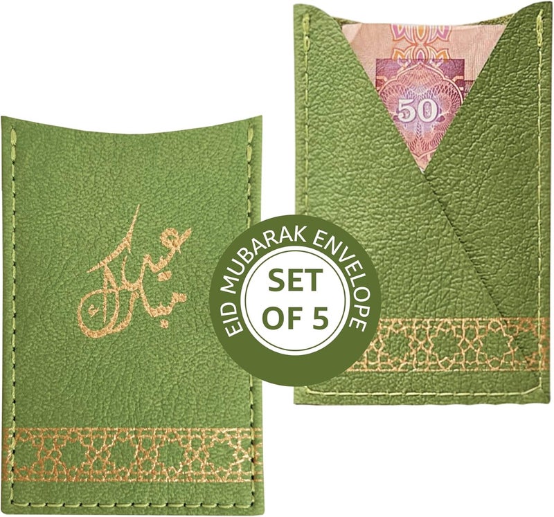 LeArt Leather Eid Envelopes, Eid Mubarak Envelopes Eidiya Envelopes Eid Decorations Eid Envelopes For Kids (Green) - Image 1