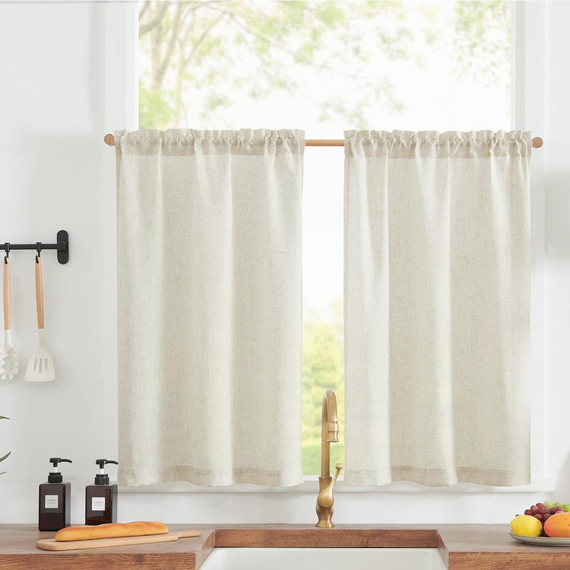 jinchan Linen Textured Tier Curtains 24 Inch for Kitchen Windows Country Farmhouse Cafe Small Curtain Rustic Light Filtering Half Curtains for Living Room Laundry Bathroom Rod Pocket 2 Panels Crude - Image 1