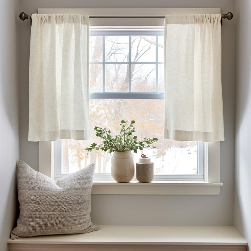 jinchan Linen Textured Tier Curtains 24 Inch for Kitchen Windows Country Farmhouse Cafe Small Curtain Rustic Light Filtering Half Curtains for Living Room Laundry Bathroom Rod Pocket 2 Panels Crude - Image 2