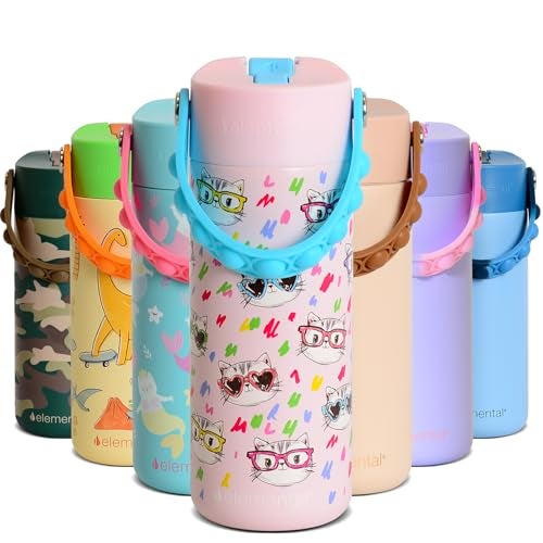 Elemental Insulated Kids Water Bottle Stainless Steel Water Bottle with Straw Lid PopIt Handle LeakProof Water Bottles for School Boys or Girls Travelling and Sports 18oz Stylish Cat - Image 1