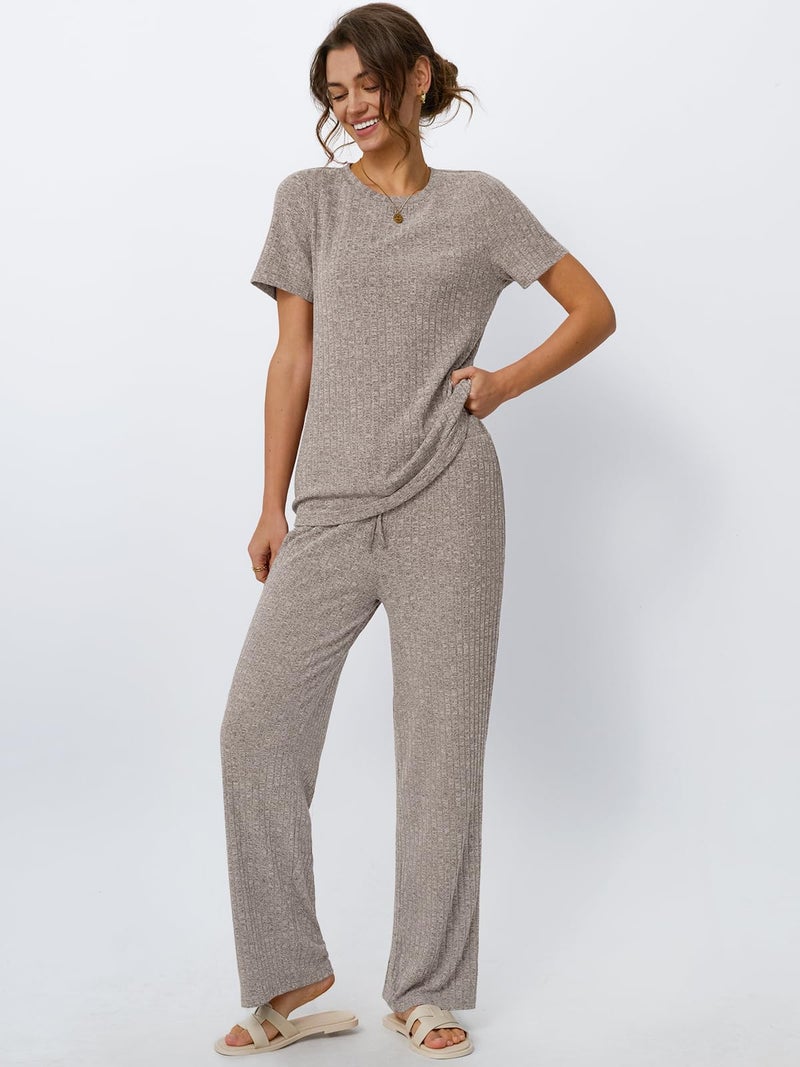 LILLUSORY Lounge Sets for Women 2 Piece Matching Summer Travel Outfits Spring Sets Cute Casual Pajamas 2026 Airport Clothes Khaki M - Image 2