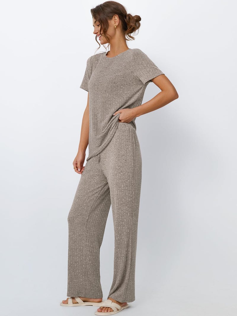 LILLUSORY Lounge Sets for Women 2 Piece Matching Summer Travel Outfits Spring Sets Cute Casual Pajamas 2026 Airport Clothes Khaki M - Image 3