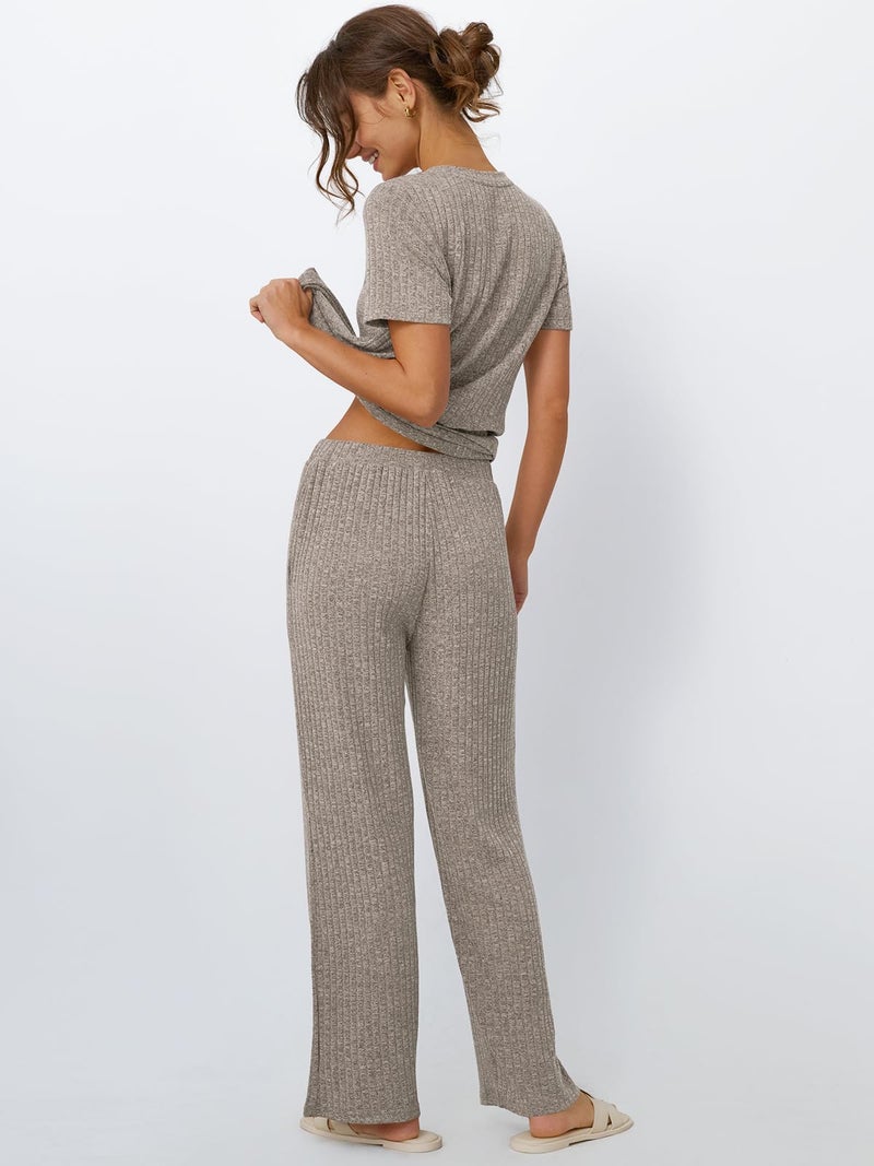 LILLUSORY Lounge Sets for Women 2 Piece Matching Summer Travel Outfits Spring Sets Cute Casual Pajamas 2026 Airport Clothes Khaki M - Image 4