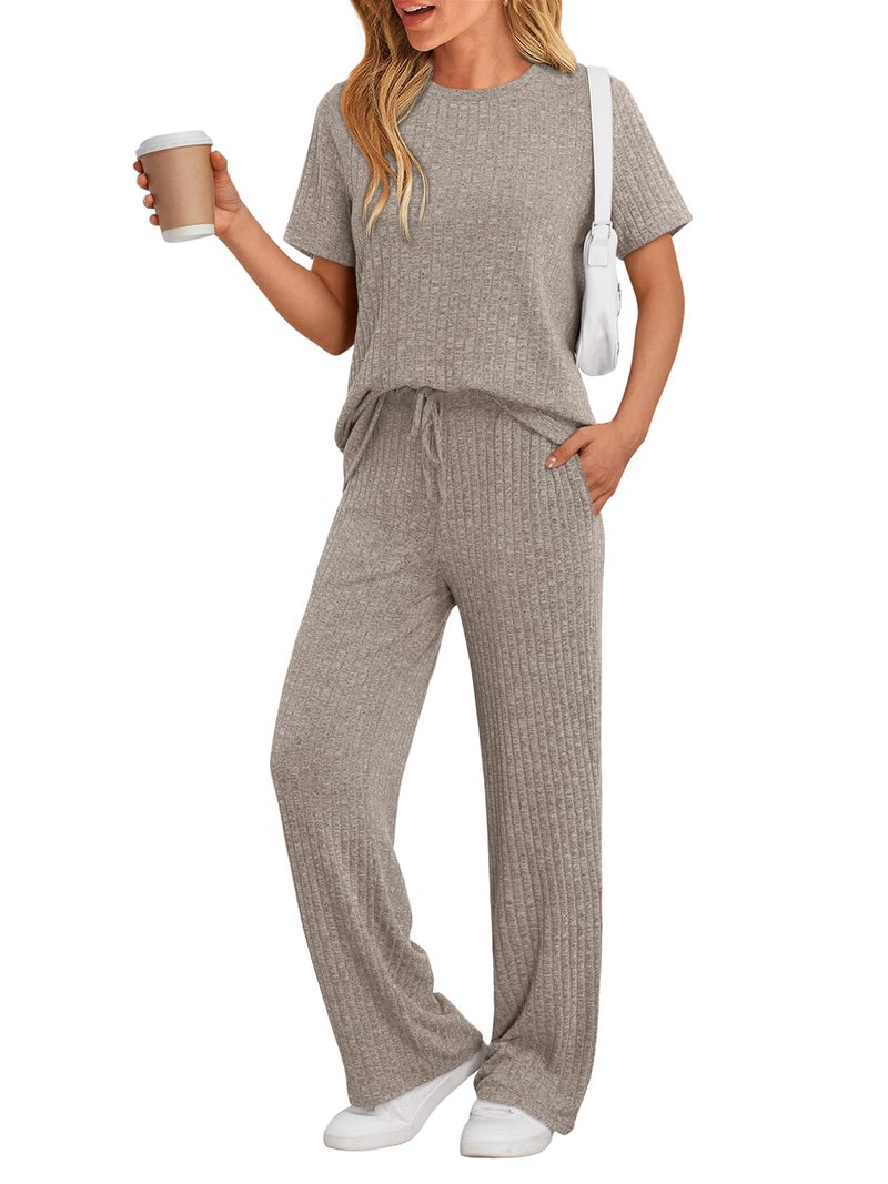LILLUSORY Lounge Sets for Women 2 Piece Matching Summer Travel Outfits Spring Sets Cute Casual Pajamas 2026 Airport Clothes Khaki M - Image 1