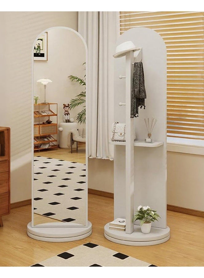 MOMUHOO 166x36CM Arched Full Length Mirror Wooden Floor Mirror with Coat Rack, Full Body Mirror with Stand 360° Swivel Freestanding Mirror Clothes Hanger for Bedroom Living Room (White) - Image 1