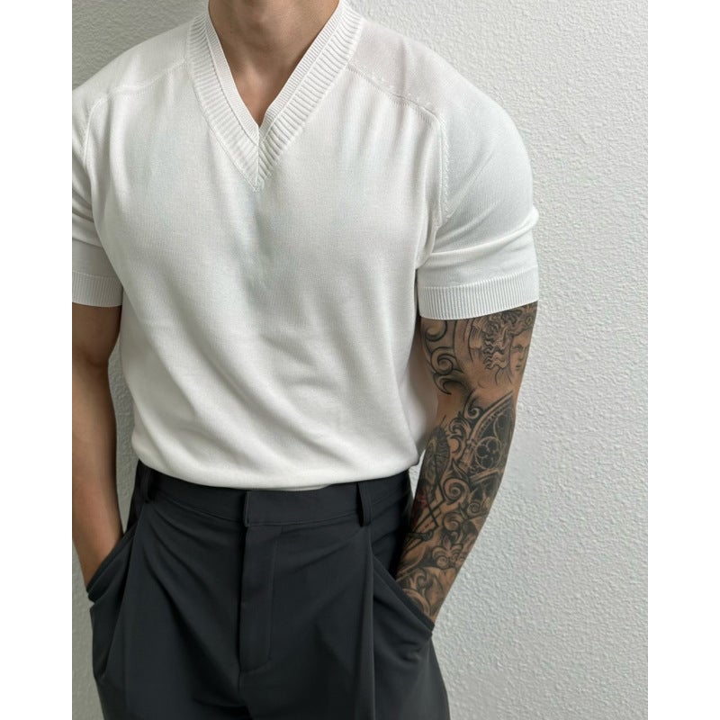 Summer American Ice Silk T-Shirt For Muscular Men With V-Neck Design Raglan Short-Sleeved Breathable Fit Pure Color Knitted Top