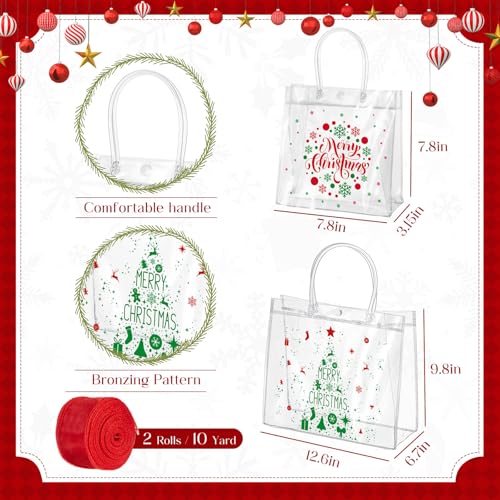 Henoyso 24 Pcs Red and Green Christmas Clear Gift Bags Plastic Goodie Candy Treat Bag with Handles PVC Gift Wrap Totes with Ribbon for Xmas Party Favors 78 x 78 x 31126 x 98 x 67 - Image 3