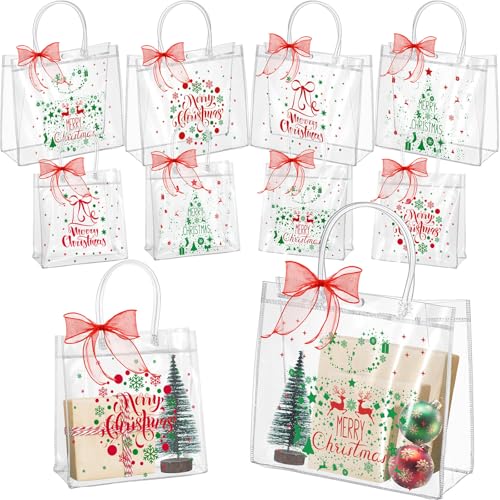 Henoyso 24 Pcs Red and Green Christmas Clear Gift Bags Plastic Goodie Candy Treat Bag with Handles PVC Gift Wrap Totes with Ribbon for Xmas Party Favors 78 x 78 x 31126 x 98 x 67 - Image 1