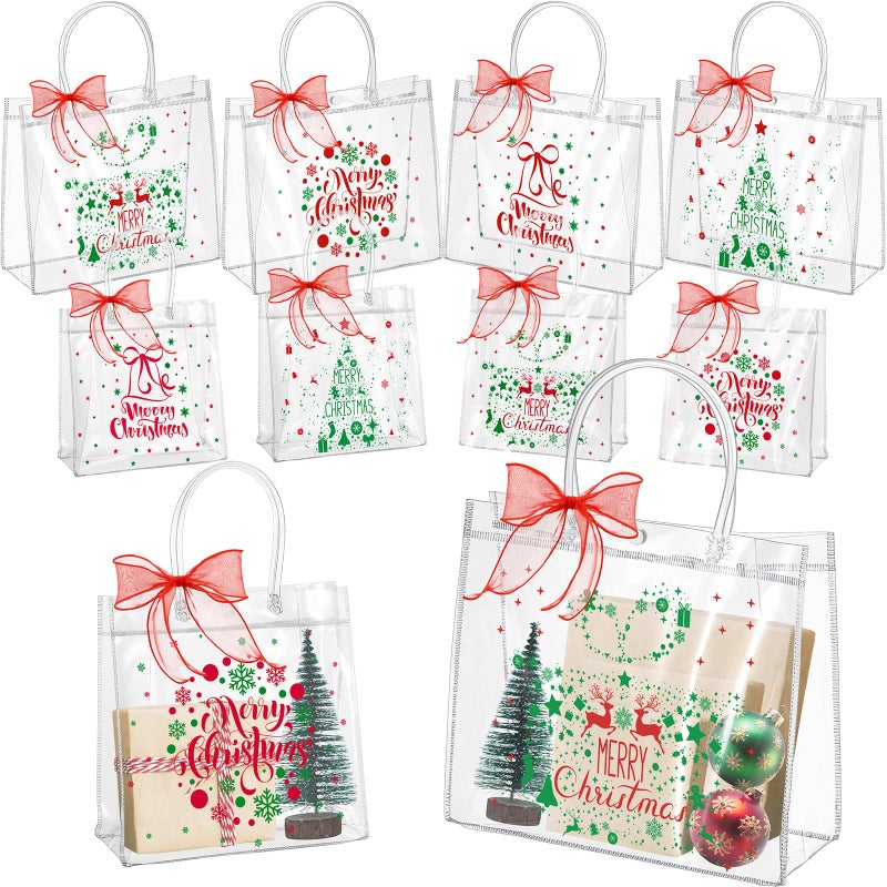 Henoyso 24 Pcs Red and Green Christmas Clear Gift Bags Plastic Goodie Candy Treat Bag with Handles PVC Gift Wrap Totes with Ribbon for Xmas Party Favors 78 x 78 x 31126 x 98 x 67 - Image 2