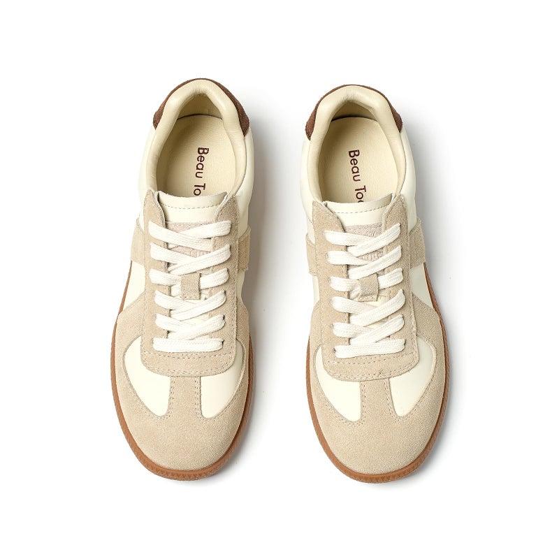 BEAU TODAY Fashion Sneakers Women,Leather Lace Up Platform OG Sneakers,Retro Comfortable Casual Tennis Walking Runnig Trainer Shoes Beige-Brown US 7.5 - Image 1