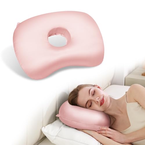 Swaycy Ear Piercing Hole Pillows Side Sleeper Pillow with an Ear Hole for CNH Side Sleepers and Ear Inflammation Pressure Sores, Adjustable Cotton and Polyester Curved Side Pillow, Light Pink Silk - Image 1