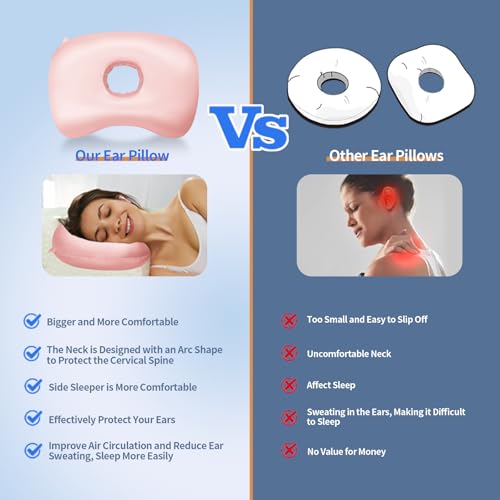 Swaycy Ear Piercing Hole Pillows Side Sleeper Pillow with an Ear Hole for CNH Side Sleepers and Ear Inflammation Pressure Sores, Adjustable Cotton and Polyester Curved Side Pillow, Light Pink Silk - Image 3