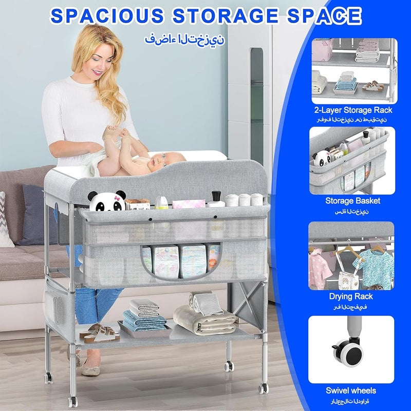 BOOM Portable Baby Changing Table, Foldable Infant Changing Station with Wheels,Waterproof Nursery Organizer for Newborns,Babies Dresser Changing Table with Large Storage Rack,3 Adjustable Height - Image 2