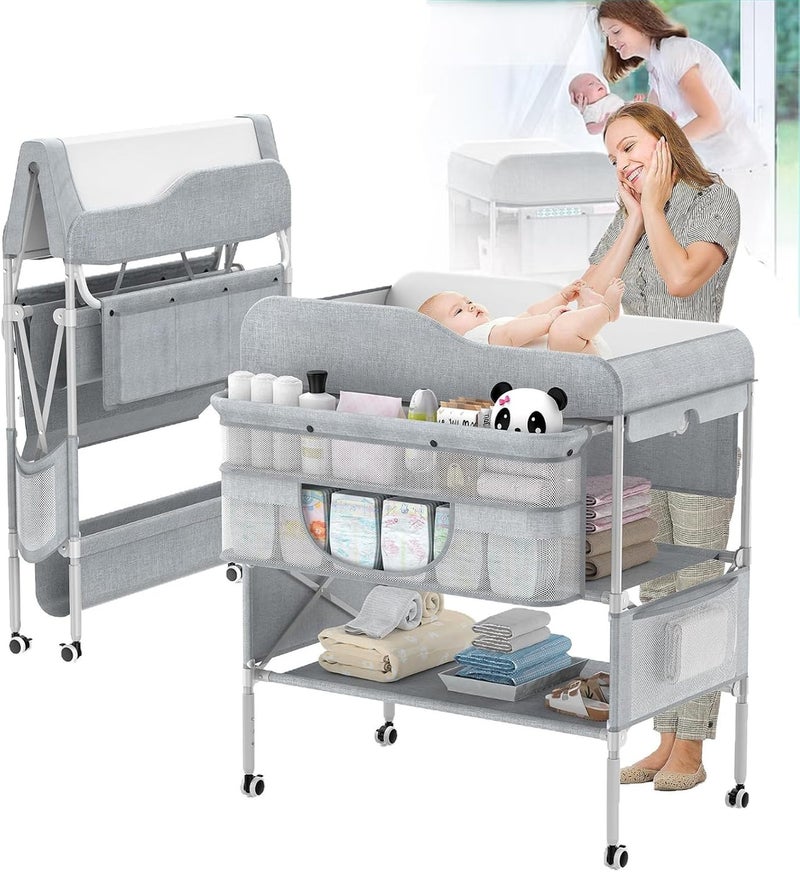 BOOM Portable Baby Changing Table, Foldable Infant Changing Station with Wheels,Waterproof Nursery Organizer for Newborns,Babies Dresser Changing Table with Large Storage Rack,3 Adjustable Height - Image 1