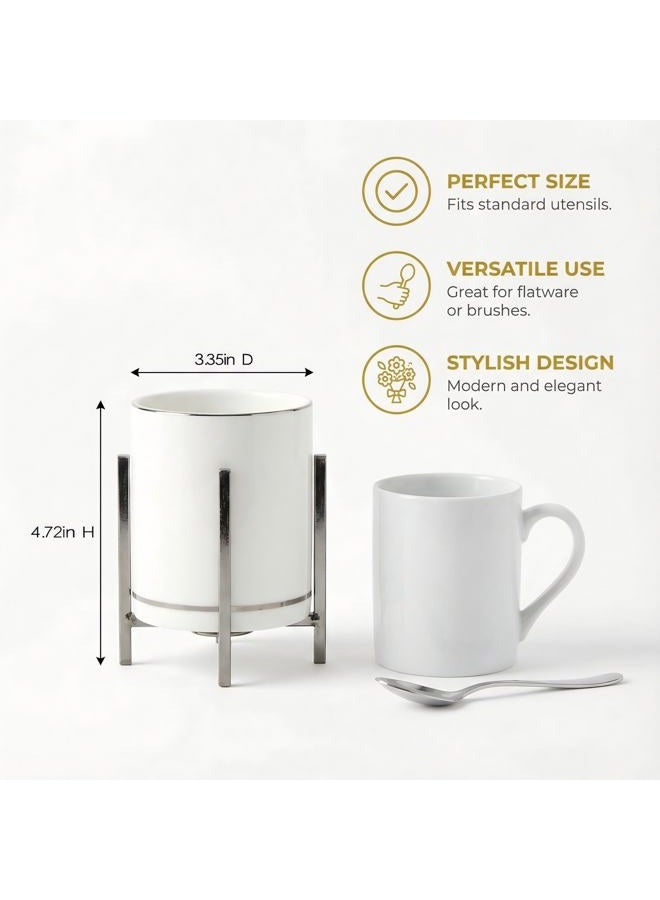 MONOSUGO Farmhouse Flatware Holder for Dinner Table, Kitchen Holder for Serving Utensils, Decorative Cutlery Utensil Holder for Kitchen or Parties, Cup with Silver Trim, 1 Pcs - Image 2