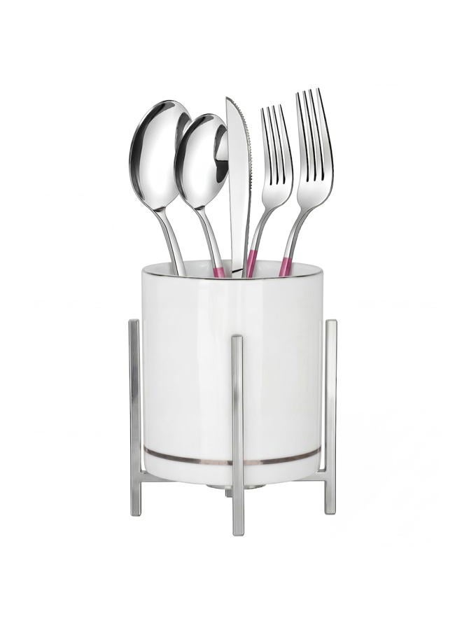 MONOSUGO Farmhouse Flatware Holder for Dinner Table, Kitchen Holder for Serving Utensils, Decorative Cutlery Utensil Holder for Kitchen or Parties, Cup with Silver Trim, 1 Pcs - Image 1