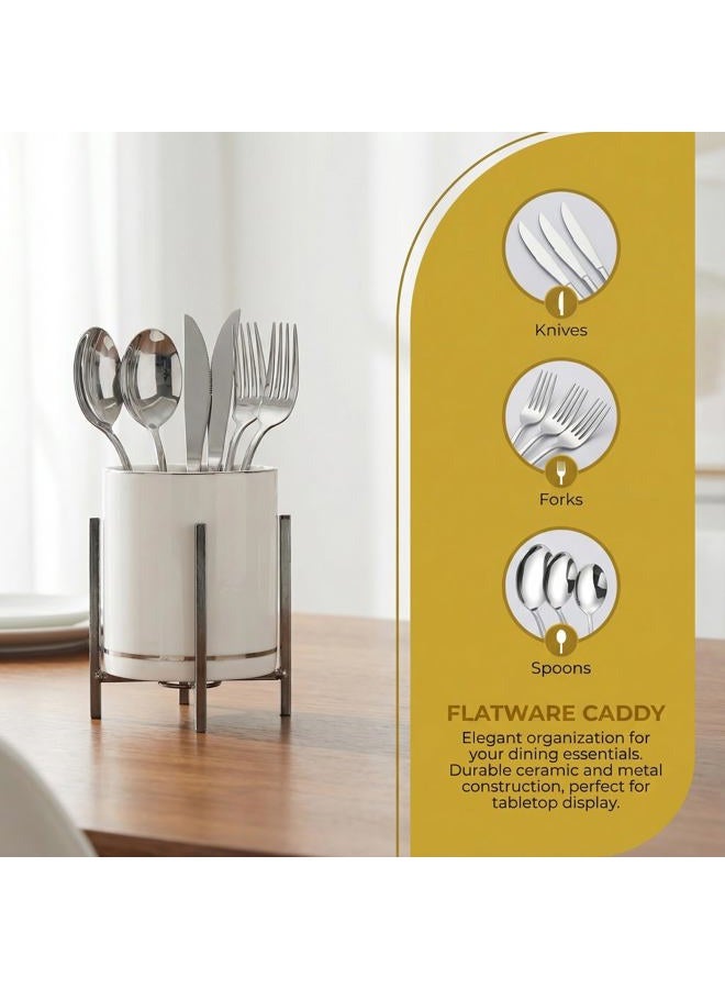MONOSUGO Farmhouse Flatware Holder for Dinner Table, Kitchen Holder for Serving Utensils, Decorative Cutlery Utensil Holder for Kitchen or Parties, Cup with Silver Trim, 1 Pcs - Image 3