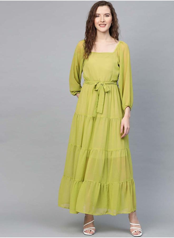 SASSAFRAS Solid Tiered Square Neck Maxi Dress by Styli  - Image 1