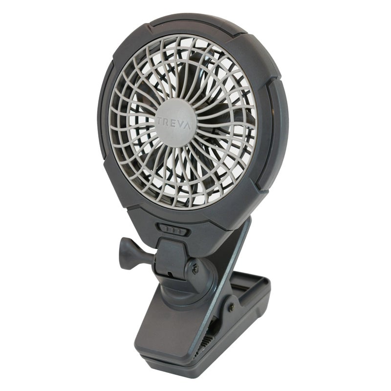 Treva 5 Inch Two Speed Battery  USB Powered Clip On Fan  Slim and Portable Cooling Travel Fan with USB  Gray