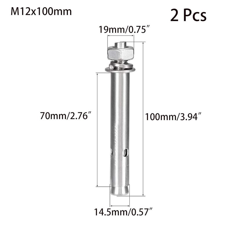 SDY 2 Pcs M12 x 100mm 304 Stainless Steel Expansion Bolt External Hex Expansion Screw Bolt Sleeve Anchor，Pool Safety Cover Expansion Bolts，for Concrete - Image 2
