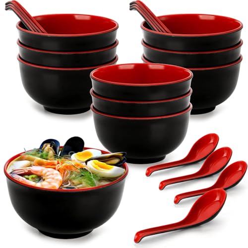 LOSYHU 10 Pack Miso Soup Bowl with Spoon, 16 Oz Japanese Melamine Noodle Bowls Unbreakable Miso Soup Cereal Bowls or Ramen, Udon, Soba, Pho and Soup, (Black/Red) - Image 1