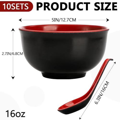 LOSYHU 10 Pack Miso Soup Bowl with Spoon, 16 Oz Japanese Melamine Noodle Bowls Unbreakable Miso Soup Cereal Bowls or Ramen, Udon, Soba, Pho and Soup, (Black/Red) - Image 2